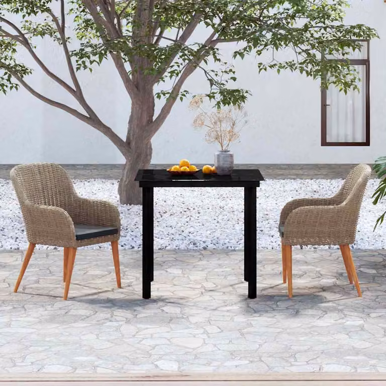 Set da pranzo da giardino vidaXL in rattan e legno di acacia con tavolo in vetro e 3 sedie con cuscini, disponibile in marrone, nero o grigio