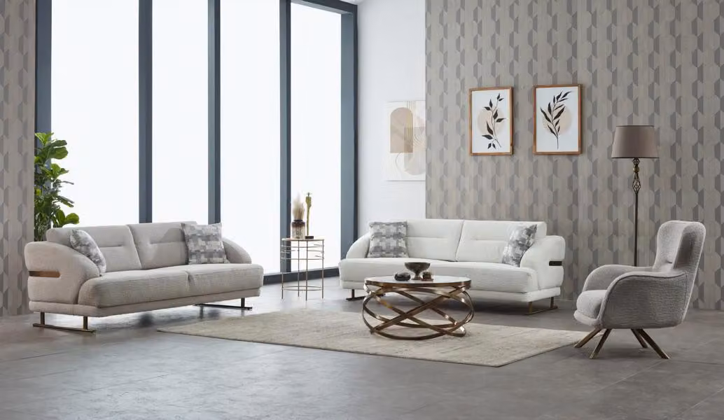 Couchgarnitur Polstersofa Dreisitzer Sessel Grau Couch Stoffsofa 3tlg