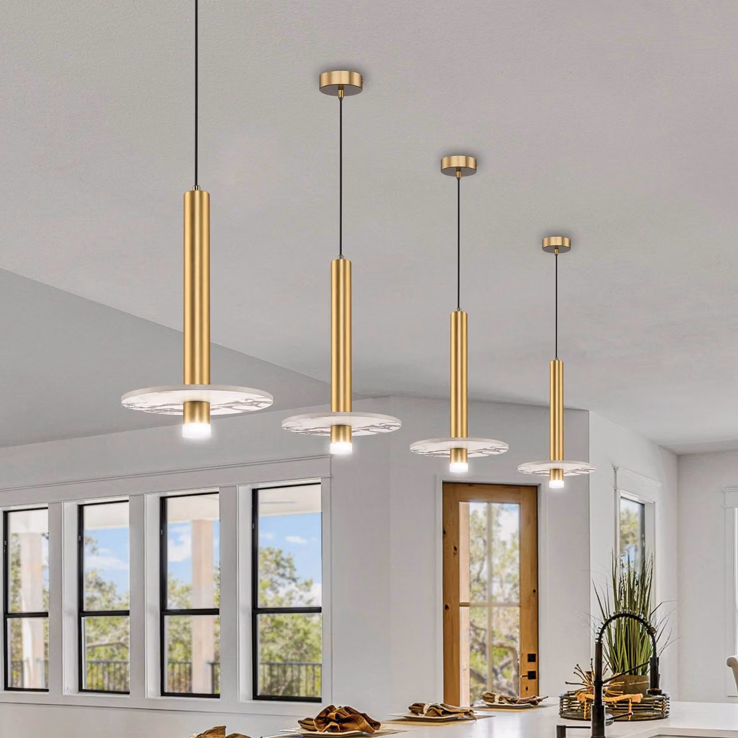 Viokef Lampada LED a sospensione Leandros color oro Ø 40 cm Pietra artificiale/metallo, Ottone / Oro, Soggiorno / Sala da pranzo, Metallo