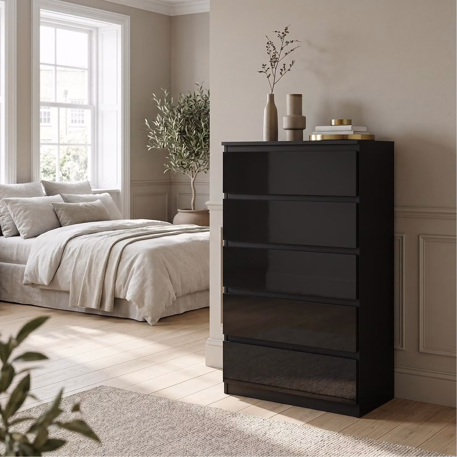 Comodà Masseno NUDO da 70 cm con 5 cassetti e ante, per soggiorno e camera da letto, stile moderno, 70x39x124,5 cm, nero / nero