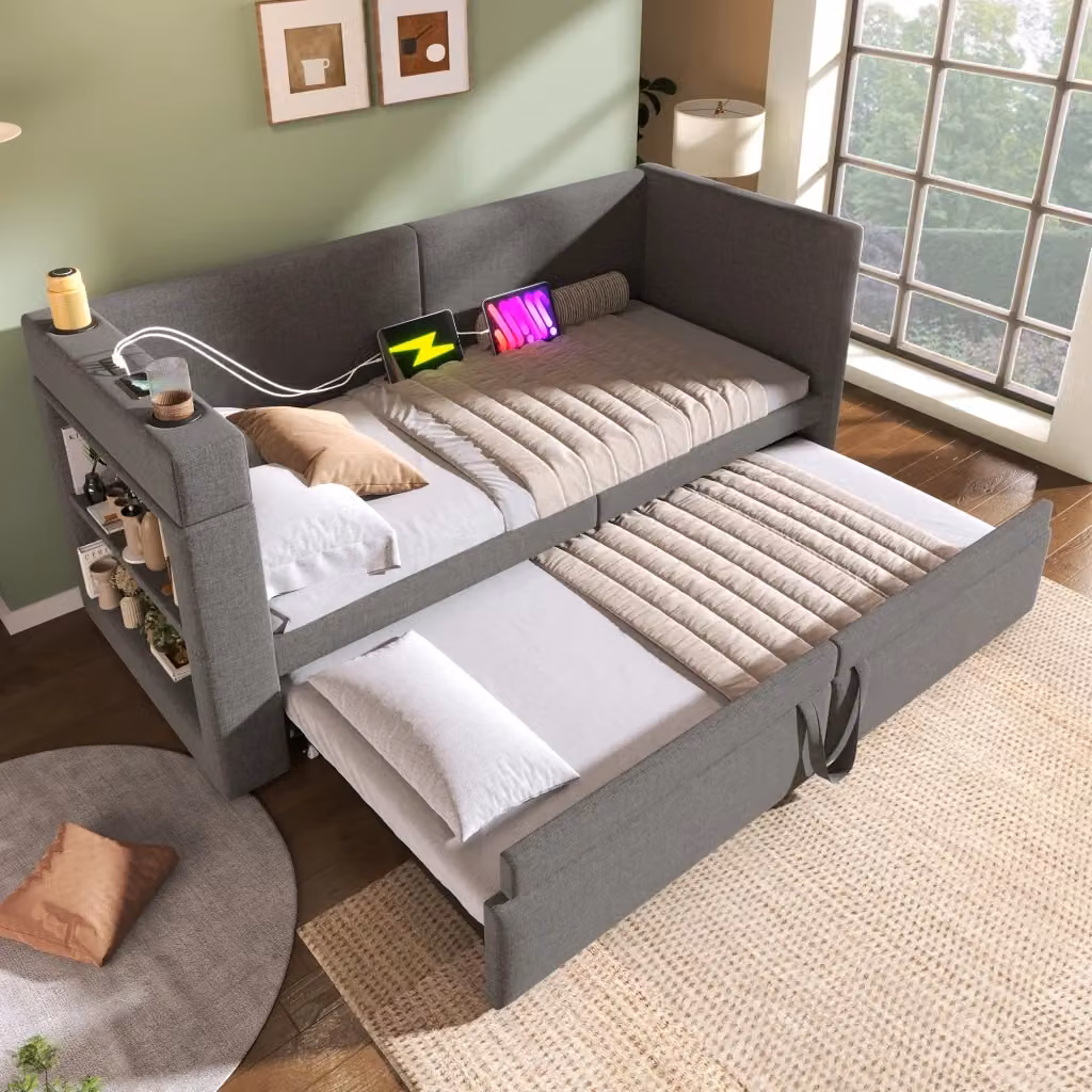 Divano letto MIVRAY grigio con letto estraibile, braccioli reversibili, portabevande e ricarica USB e Type-C, L/P/H: 90 x 200 cm – 2