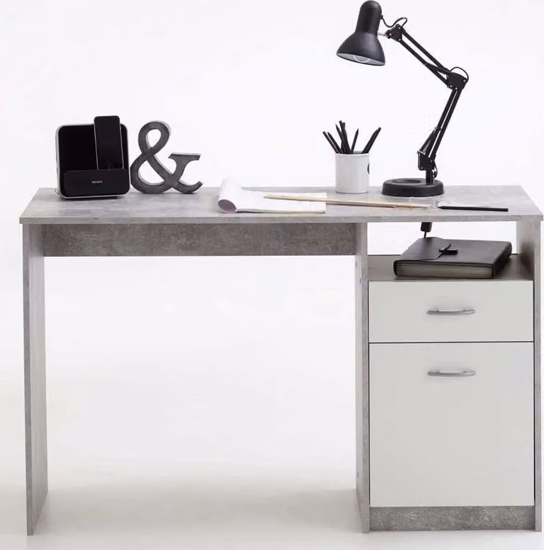 Scrivania FMD con 1 cassetto 123×50×76,5 cm cemento grigio e bianco