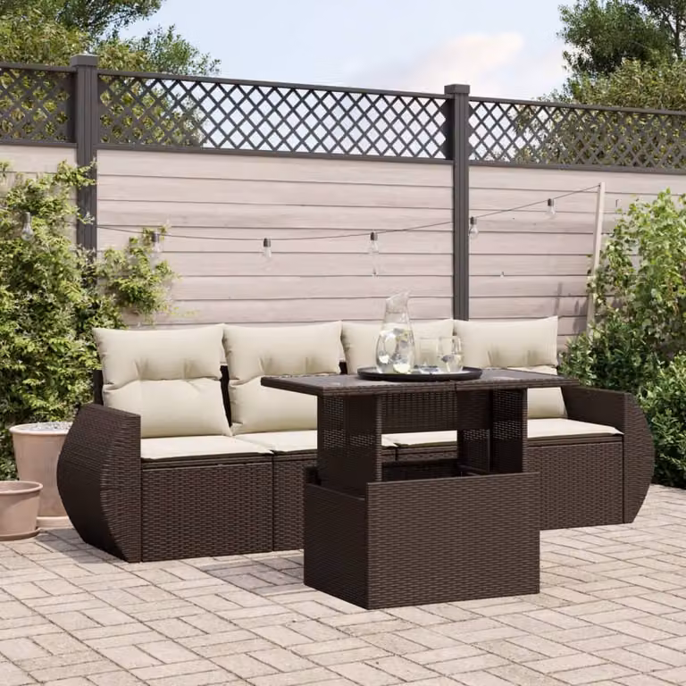 vidaXL Set Divano da Giardino 5 pz in Polyrattan Marrone con Cuscini e Tavolino da Caffè