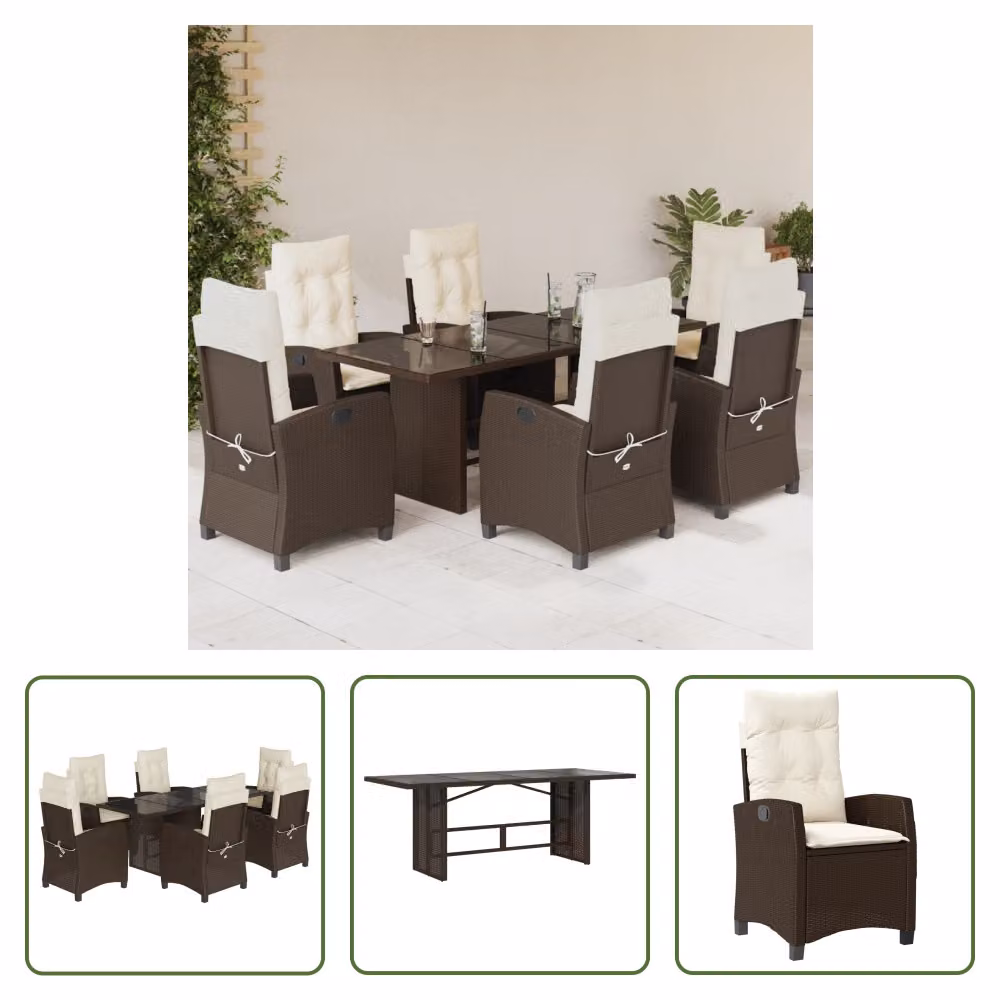 The Living Store Set da pranzo da giardino 7 pezzi con cuscini in polirattan marrone