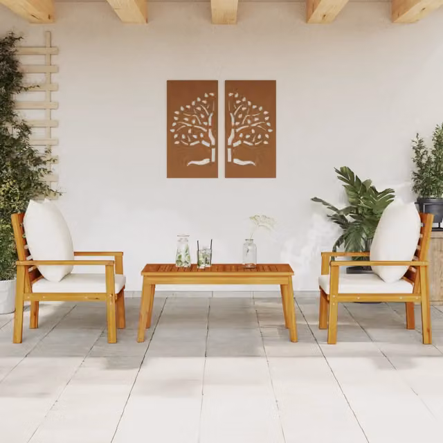 vidaXL Set Mobili da Giardino 3pz in Legno di Acacia con Cuscini, Marrone e Bianco – 1