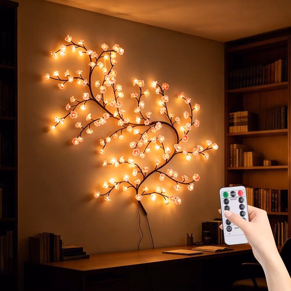 Catena luminosa a LED a forma di fiori di ciliegio, 180 cm, 96 LED, 8 modalità, luce bianco caldo