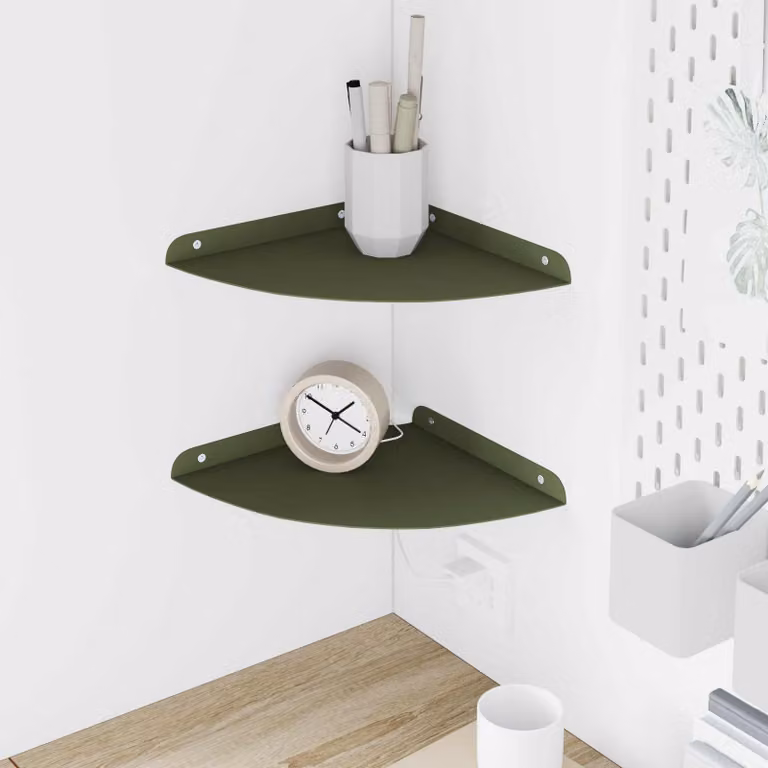 Set di 2 mensole da angolo sospese vidaXL in metallo verde oliva, design moderno per soggiorno, cucina o bagno, L/P/H: 24 x 24 x 2 cm