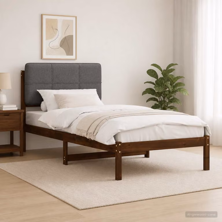 Letto con Testiera Rivestita vidaXL in Legno di Acacia e Tessuto, Marrone scuro e Grigio chiaro, L/P/H: 140 x 200 x 85 cm