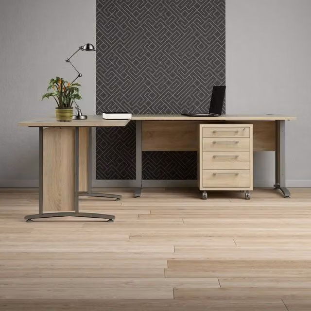 Scrivania DMORA Agerato moderna con cassettiera, tavolo da ufficio rettangolare in MDF laminato, Grigio e Quercia, L: 230 cm, P: 200 cm, H: 75 cm
