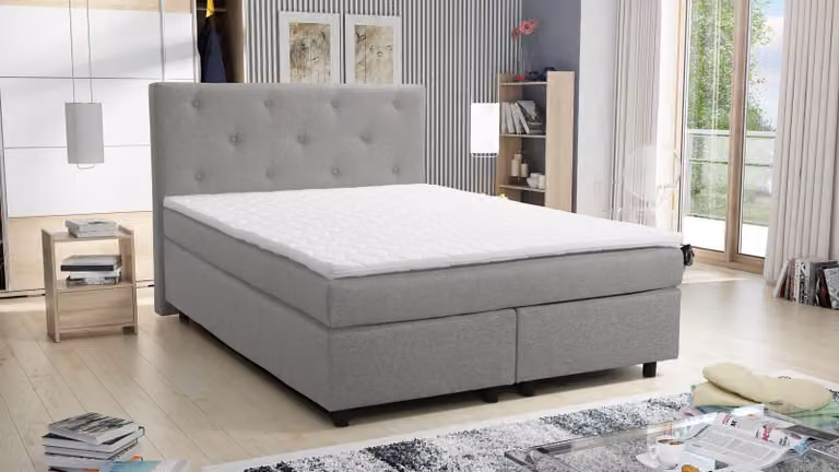 Letto con rete a molle 140x200, modello letto per hotel, con sistema a molle Bonell, topper Paxos 1 Chester, colore grigio chiaro
