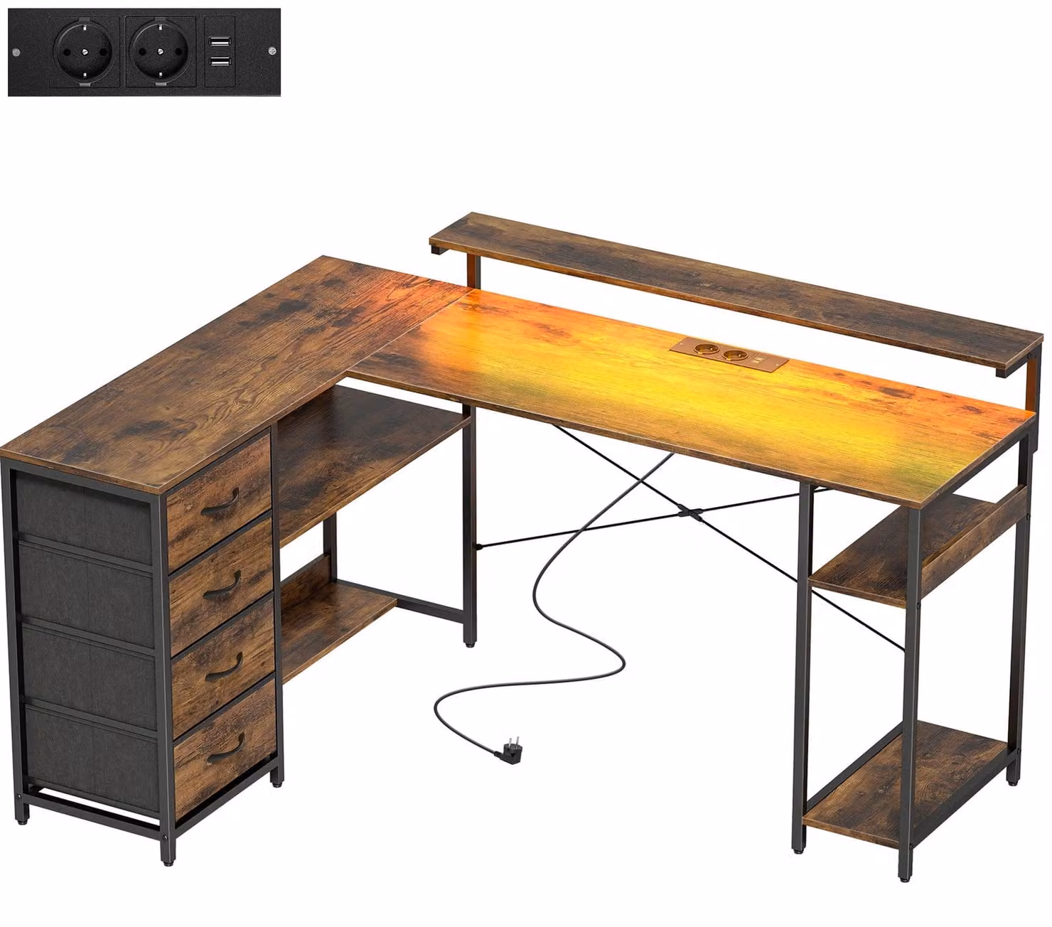Scrivania gaming a forma di L con illuminazione LED e 4 cassetti | Colore: marrone rustico | Dimensioni: 155x110x91,4 cm