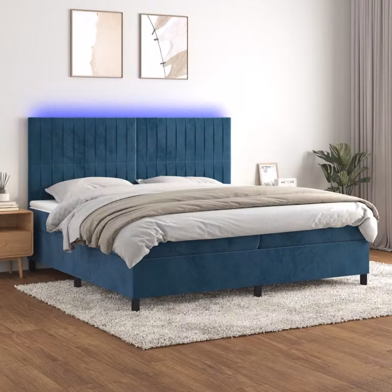 The Living Store Letto a molle con materasso e LED in velluto blu scuro 200x200 cm