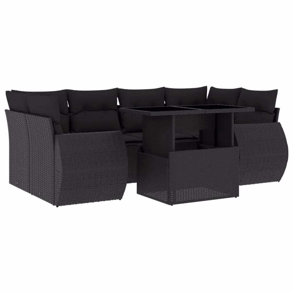 Set Divani da Giardino con Cuscini 7pz Nero Polyrattan