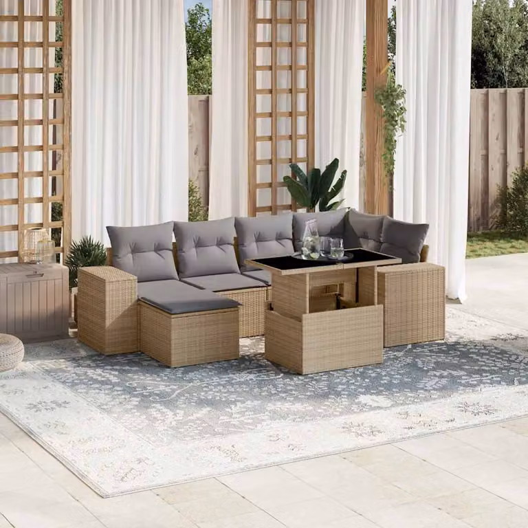 Set di Divani da Giardino vidaXL 7 pz in Polyrattan con Cuscini Beige e Tavolino da Esterno