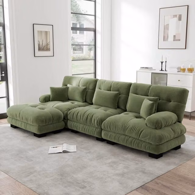 Divano Angolare Modulare MINIMAL con Ottoman in Velluto a Coste Verde e Chaise Longue a Sinistra
