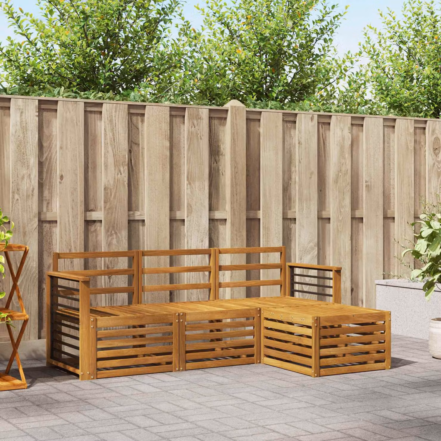 Set di divani da esterno vidaXL 4 pezzi in legno di acacia con cuscini, colore marrone e bianco, design moderno a forma di L per giardino e terrazza