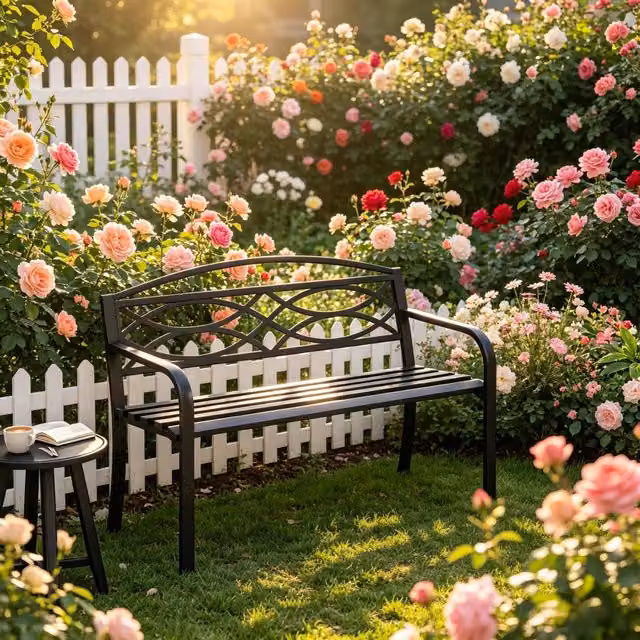 Panchina da giardino e parco Komhtom in acciaio nero opaco con schienale e braccioli, resistente alle intemperie, L: 220 cm, P: 59,5 cm, H: 83 cm – 1