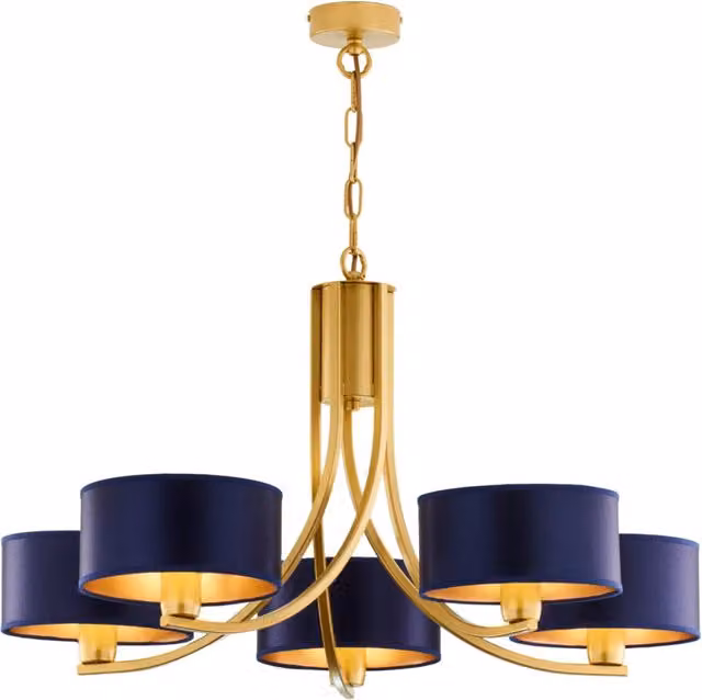 Lampadario a sospensione Jupiter con catena oro e paralumi blu, 5 x E27, dimmabile – 1