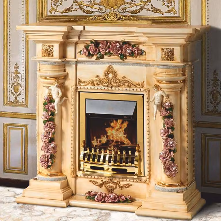 Camino elettrico in Vetroceramica "Casa Padrino" in stile barocco con illuminazione LED, color beige/multicolore/oro, altezza 135 cm - Prodotto in Italia