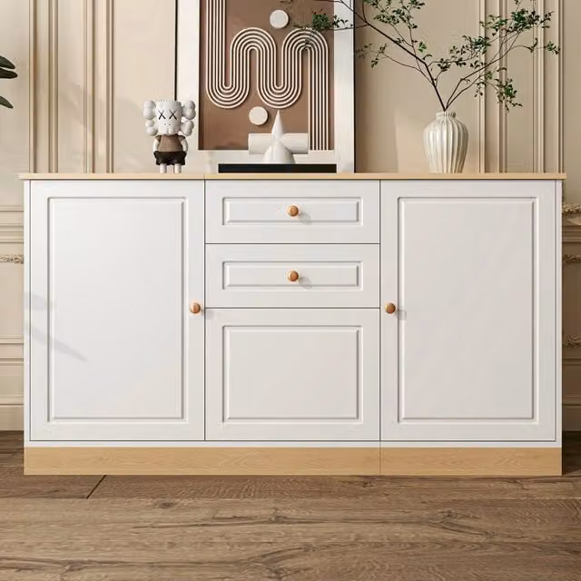 Sideboard minimalista bianco e oro con 2 cassetti in MDF L: 135,5 cm, P: 39 cm, H: 76 cm