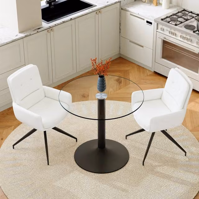 Set tavolo da pranzo rotondo in vetro temperato con 2 sedie girevoli 360° in PU, base in metallo nero bianco