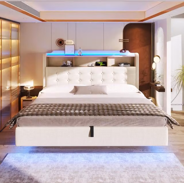 Letto imbottito 180x200 cm con illuminazione LED; spazio contenitore idraulico; in lino e MDF; beige