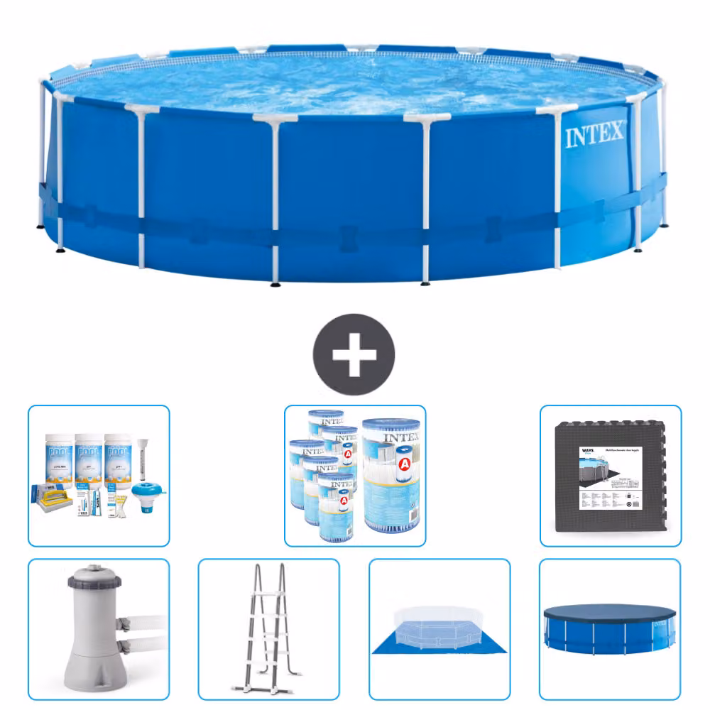 Piscina Intex con struttura rotonda - 457 x 122 cm - blu - compresa pompa - scala - telo di fondo - confezione di manutenzione della copertura - filtro - piastrelle per il pavimento