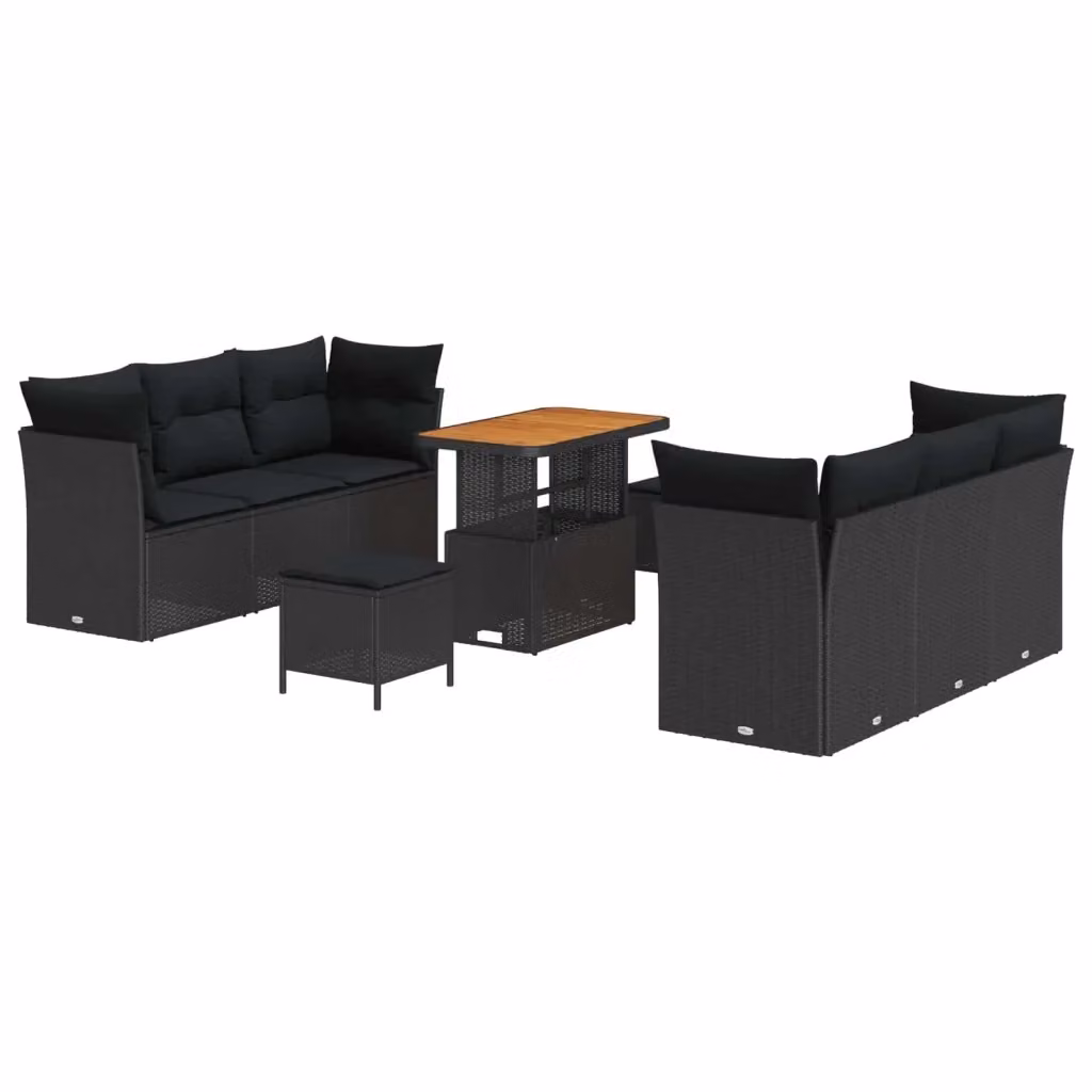 Set Divano da Giardino Moderno vidaXL in Polyrattan Nero con Cuscini e Tavolino da Esterno 9 Pezzi – 2
