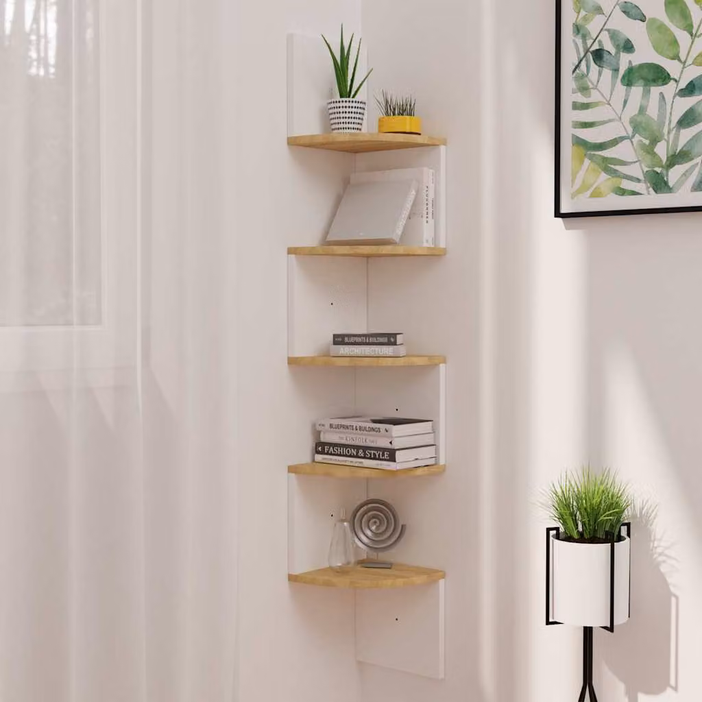 Scaffale angolare da muro vidaXL in legno bianco e rovere sonoma, L/P/H: 19 x 19 x 123 cm