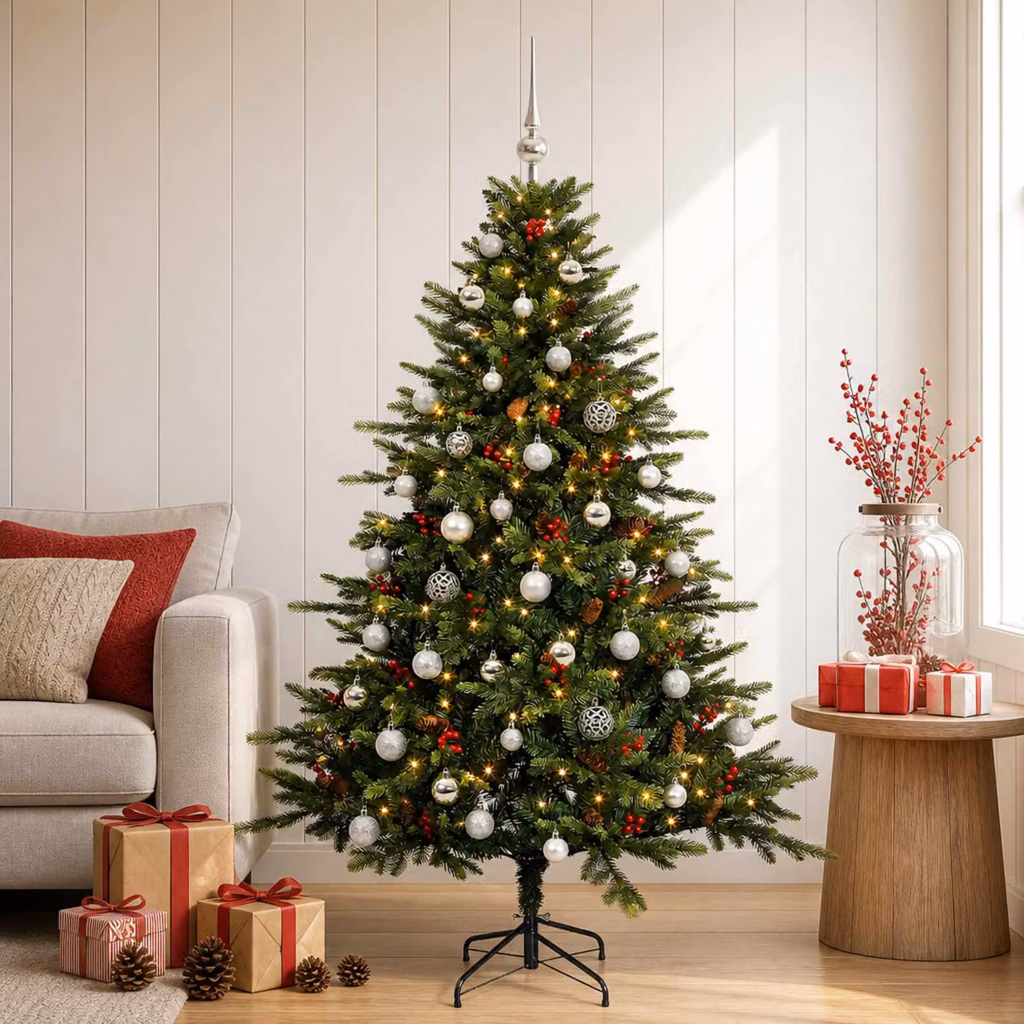 Albero di Natale artificiale verde vidaXL con 150 LED luce bianca calda e decorazioni a palline, Altezza: 120 cm