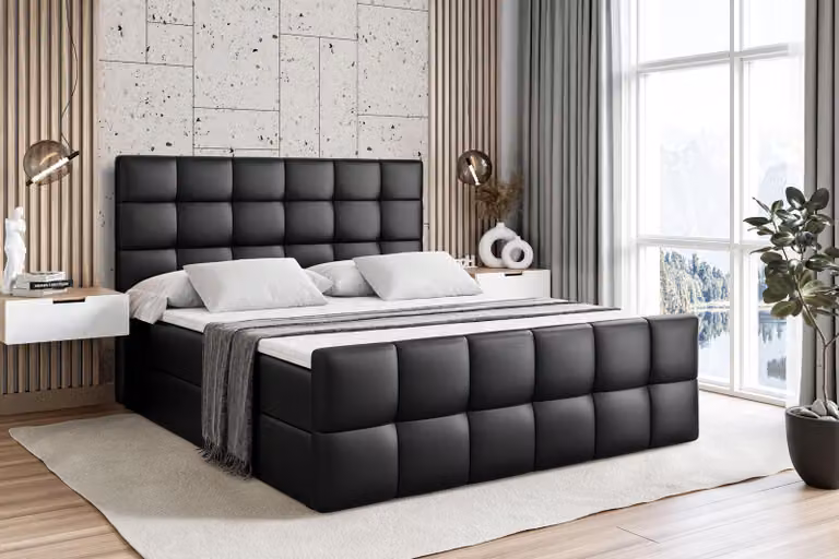 Letto boxspring ALTDECOR con materasso e rete a doghe - - BRUGO -Z - 140x200 cm - Pelle finta nera - Letto boxspring, pediera, topper, letto imbottito con contenitore, letto con vano portaoggetti H3 - Materasso, letto matrimoniale, letto boxspring