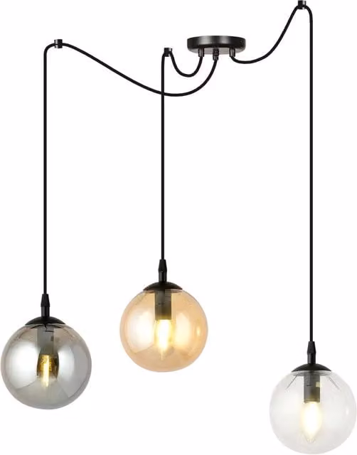 Lampadario a sospensione Luceart-Classic con 3 luci a sfera in vetro multicolor e struttura in metallo nero