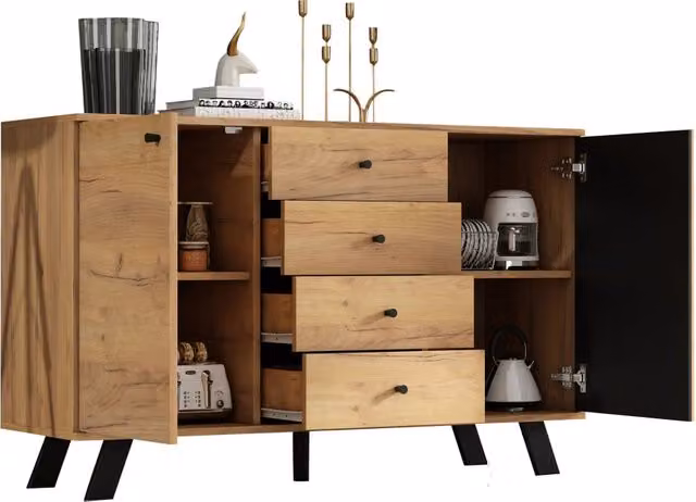Credenza e madia con 2 ante, 4 cassetti e 5 vani, finitura legno e nero, per soggiorno, in MDF, 120 × 38 × 75 cm