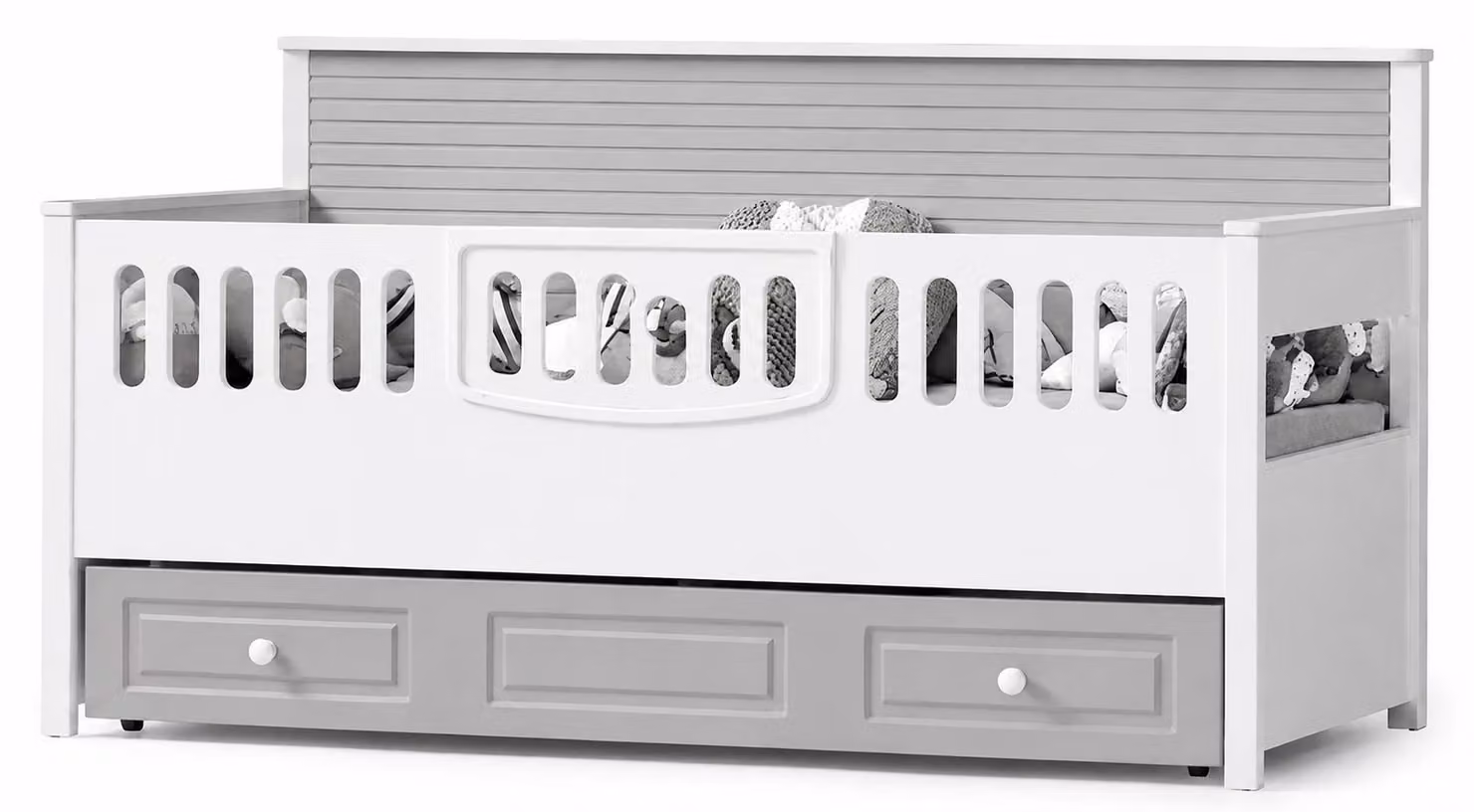 Letto moderno per bambini, con spazio contenitore e sponde di sicurezza, nei colori grigio e bianco