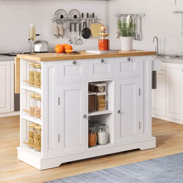 Isola cucina MODFU in stile rustico con piano ribaltabile, bianco e naturale in MDF, L: 132 cm, P: 40/70 cm, H: 87 cm