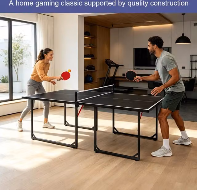 Tavolo da ping pong pieghevole ¨C Minimal ¨C Nero gambe in metallo 182cm per interno esterno con rete racchette palline