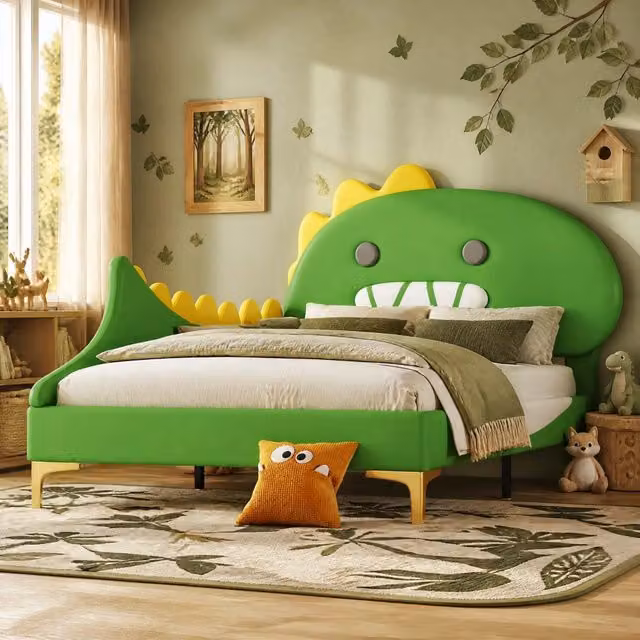 Letto singolo Mivray con testiera a dinosauro in ecopelle e MDF, colore verde, L/P: 90 x 200 cm – 1