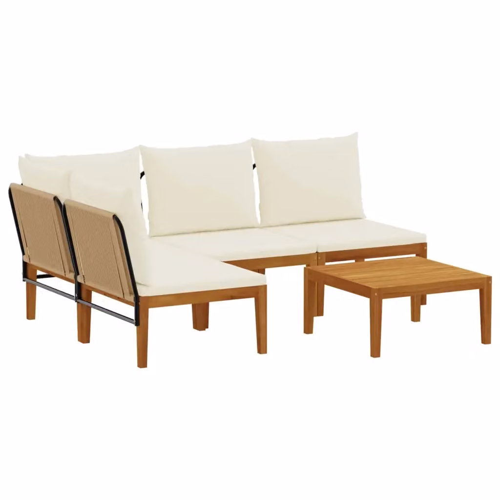 Set da giardino vidaXL a forma di L composto da divano a 3 posti, angolo e tavolino in legno di acacia con cuscini beige e bianchi – 2