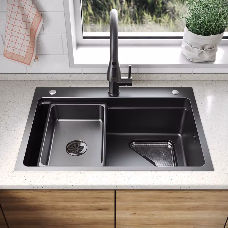 SONNI - Lavello quadrato con ampio piano di appoggio, 70 x 48 x 24 cm, nero, con griglia triangolare, scolapiatti e rubinetto
