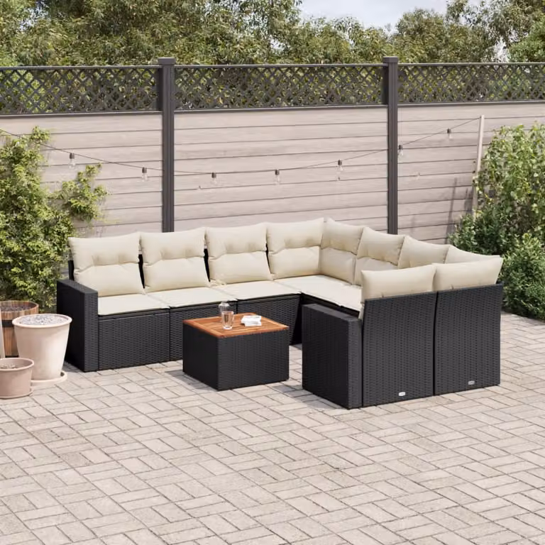Set di divani da giardino vidaXL 9 pz in polyrattan con cuscini e tavolino da esterno nero a forma di U