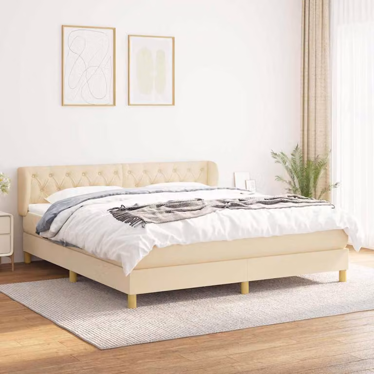 vidaXL Giroletto a Molle con Materasso in Tessuto Beige e Bianco L/P/H: 160 x 200 x 88 cm