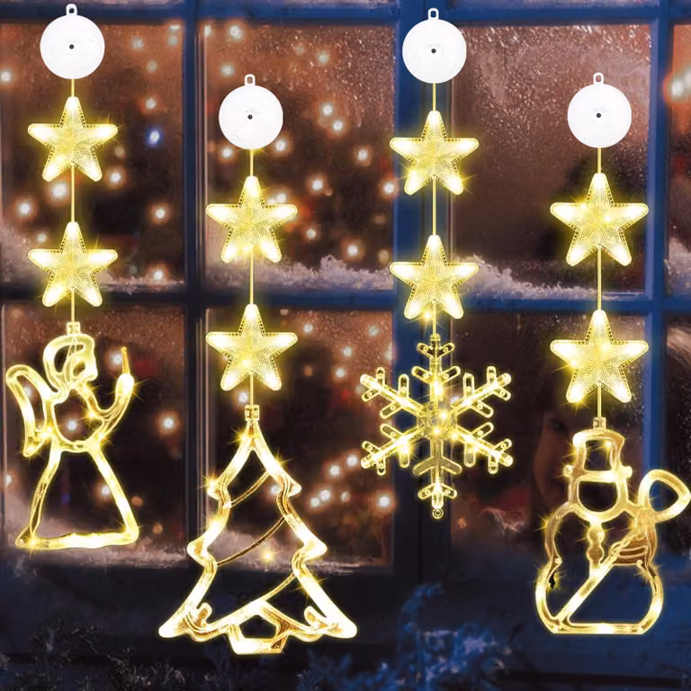 Set di 4 luci natalizie a LED con timer e ventose, ideali per decorazioni natalizie