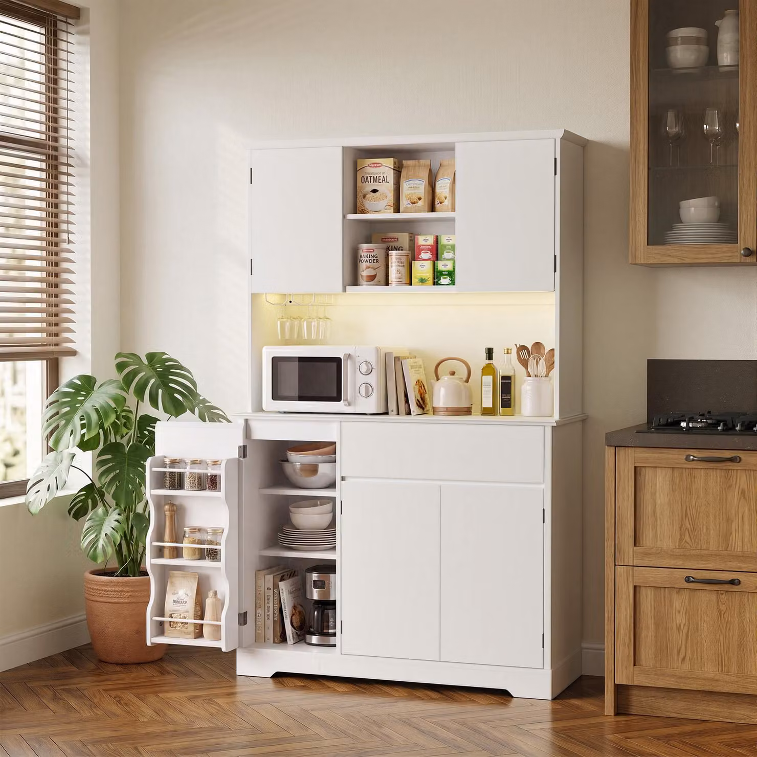 Armadio alto per cucina BEALIFE, 107x40x172 cm, con presa di corrente e striscia LED RGB | Bianco | AP125