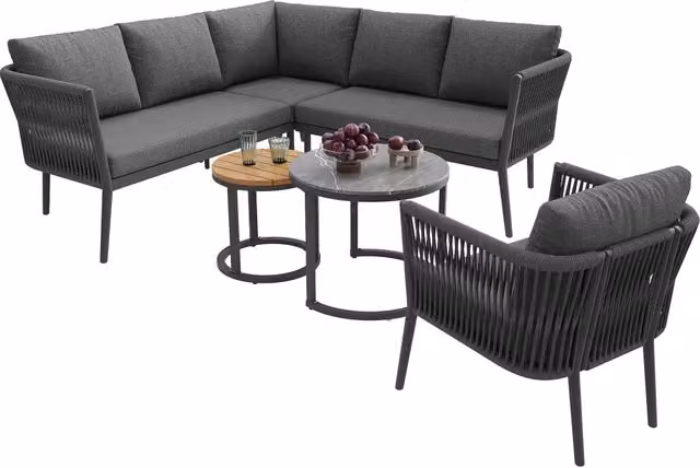 Set da giardino moderno in metallo e tessuto olefin grigio per 6 persone con divani, poltrona, modulo angolare e tavolini