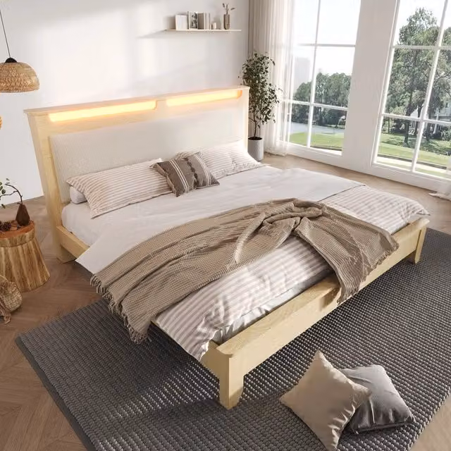 letto in legno e corduroy beige 140 x 200 cm