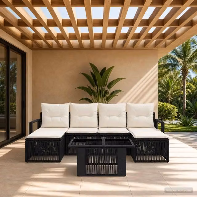 Set Divano da Giardino 7 pz Nero e Bianco Crema polyrattan 3437134