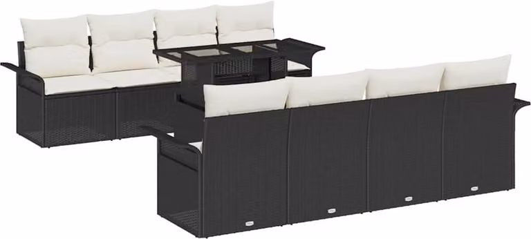 Set Divano da Giardino con cuscino 9 pcs Nero Poly Rattan