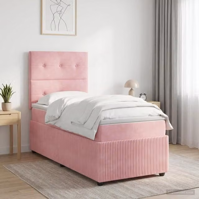 Letto box spring con materasso vidaXL in velluto rosa e bianco, L/P: 90 x 190 cm