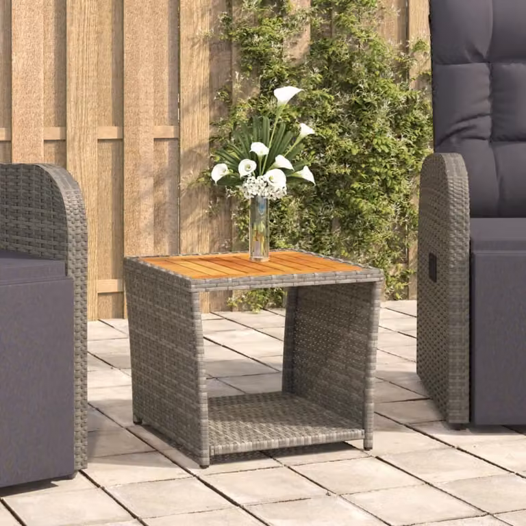 The Living Store Tavolino con piano in legno in poly rattan grigio e legno di acacia