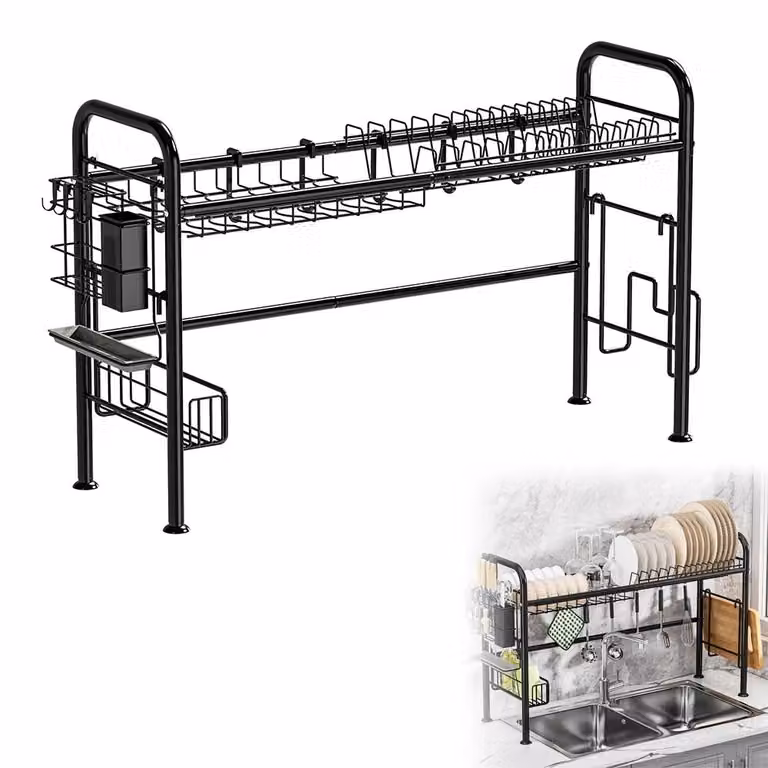 Supporto per scolapiatti da posizionare sopra il lavello - Cucina - Autodrenante - Acciaio - Versatile - Piedini antiscivolo - Nero